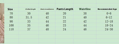Size chart for girls solid color sling top shorts set with measurements for clothing length, chest circumference, pants length, waistline, and recommended age.