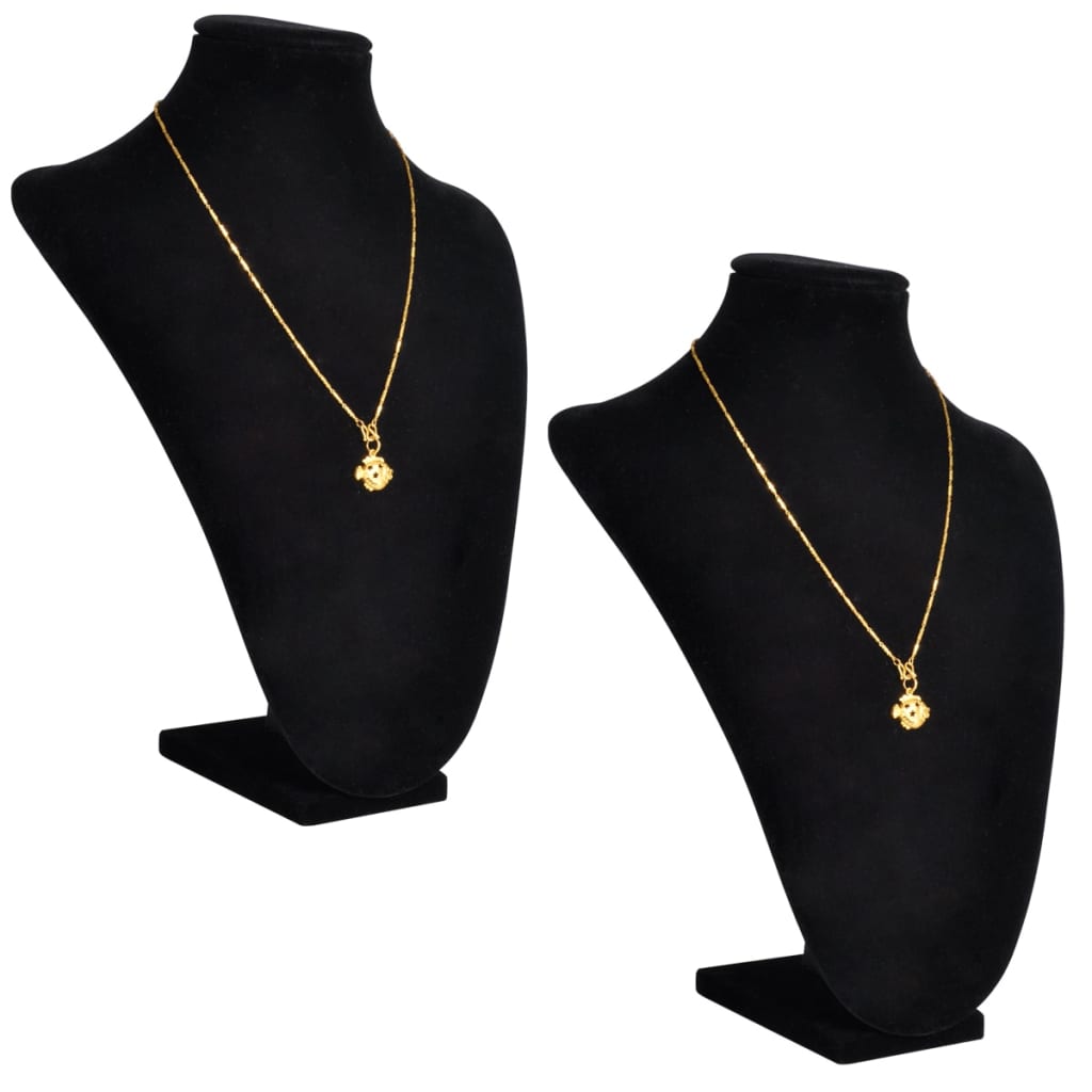 Flannel jewelry bust display featuring two elegant black stands showcasing gold necklaces.