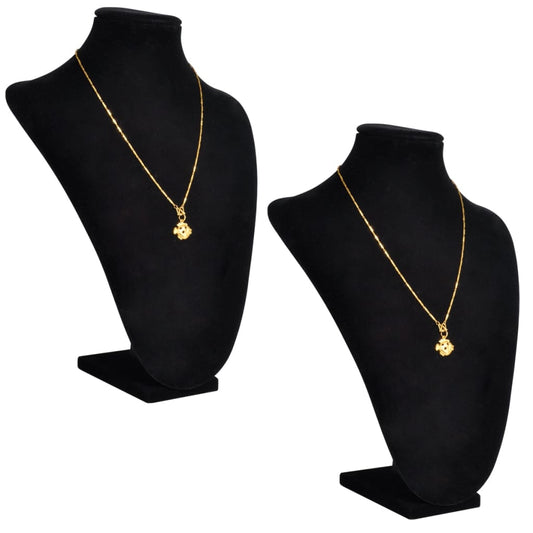 Flannel jewelry bust display featuring two elegant black stands showcasing gold necklaces.