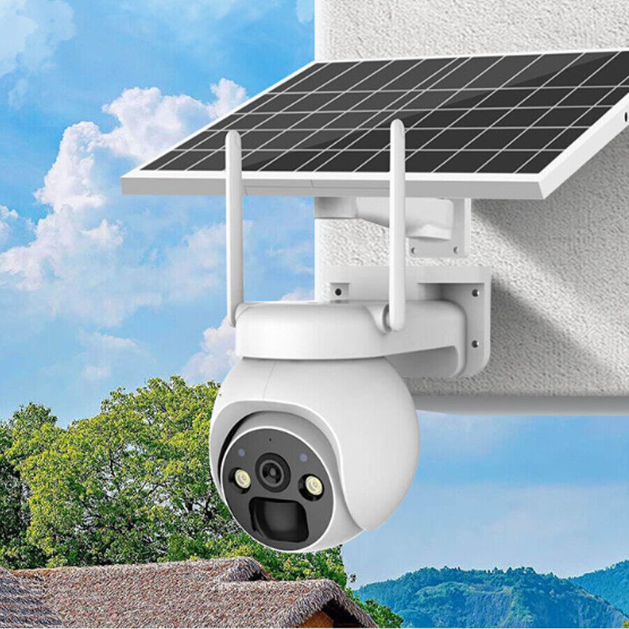 Wireless solar powered security camera with PIR motion detection mounted with solar panel against a blue sky.