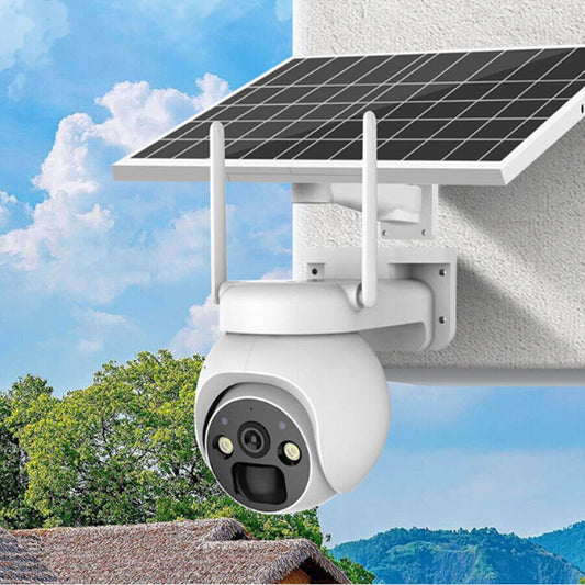 Wireless solar powered security camera with PIR motion detection mounted with solar panel against a blue sky.