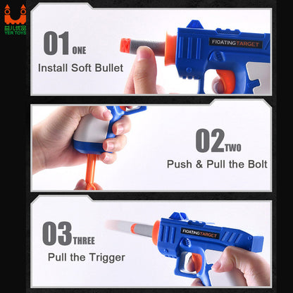 Instructions for using the levitating flyball target toy with soft bullet installation steps.