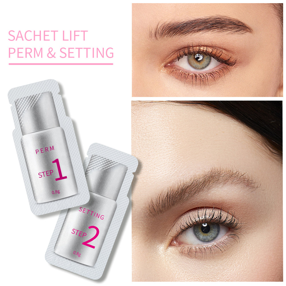 Sachet lift perm and setting products for eyelash perming lotion kit with application steps and beautiful eyes.