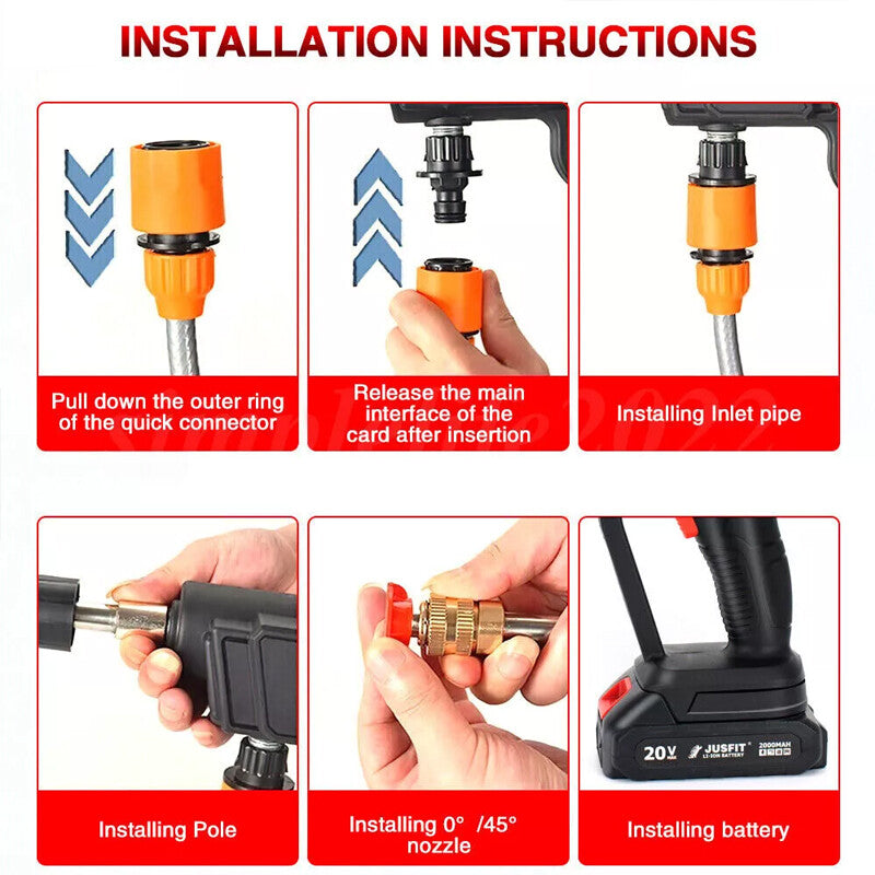 Installation instructions for cordless high pressure washer with steps for connecting the quick connector, inlet pipe, and battery.