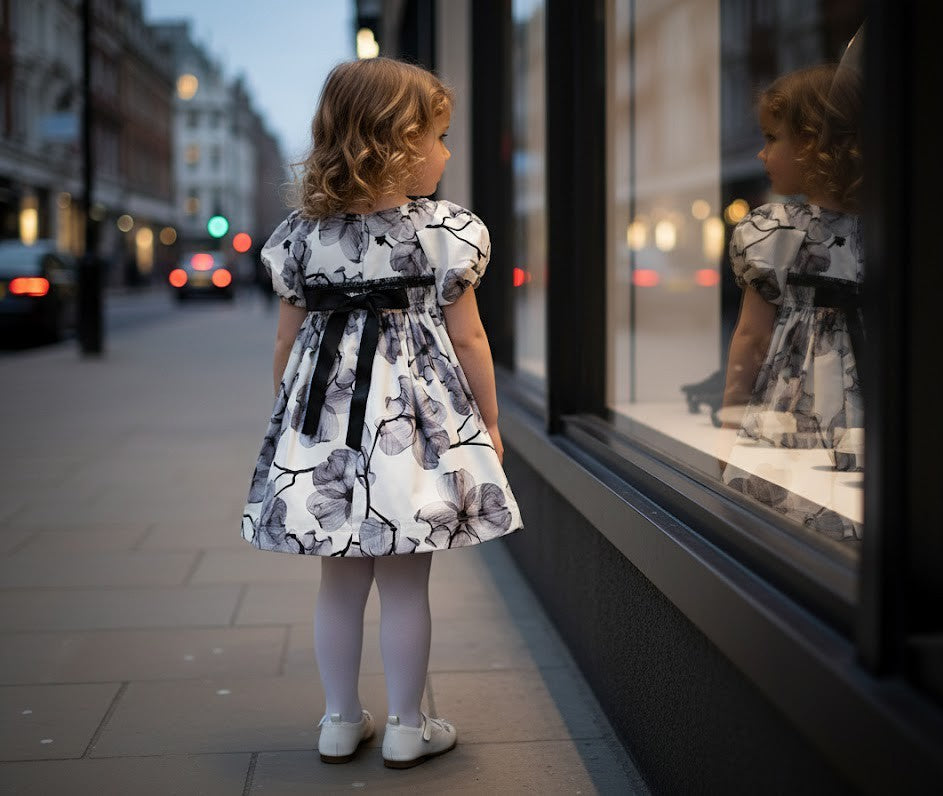 toddler girls floral smock dress on a young girl with a cute back design in an urban setting