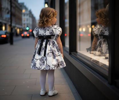 toddler girls floral smock dress on a young girl with a cute back design in an urban setting