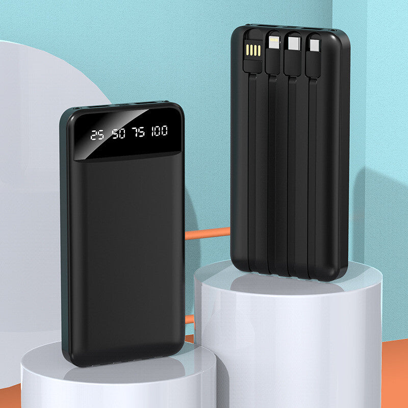 9000000mAh fast charger power bank displayed with multiple output lines on a modern pedestal.
