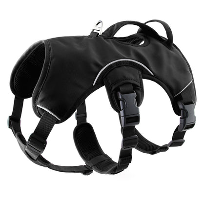 Large dog explosion-proof dog camisole in black nylon with adjustable straps and harness design.