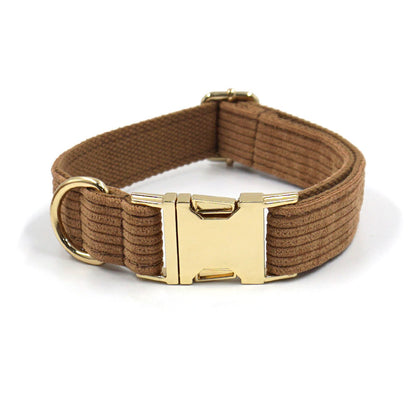 Pet collar and traction rope set featuring a brown corduroy design with a gold buckle.