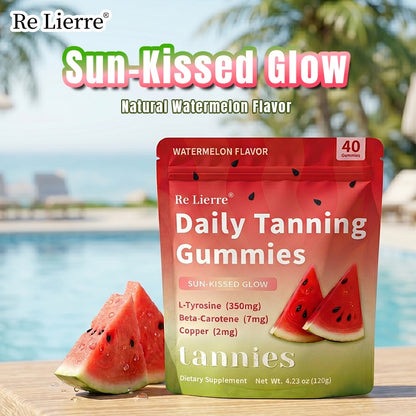 Daily Tanning Gummies in watermelon flavor promoting sun-kissed glow, packed with L-Tyrosine, Beta-Carotene & Copper.