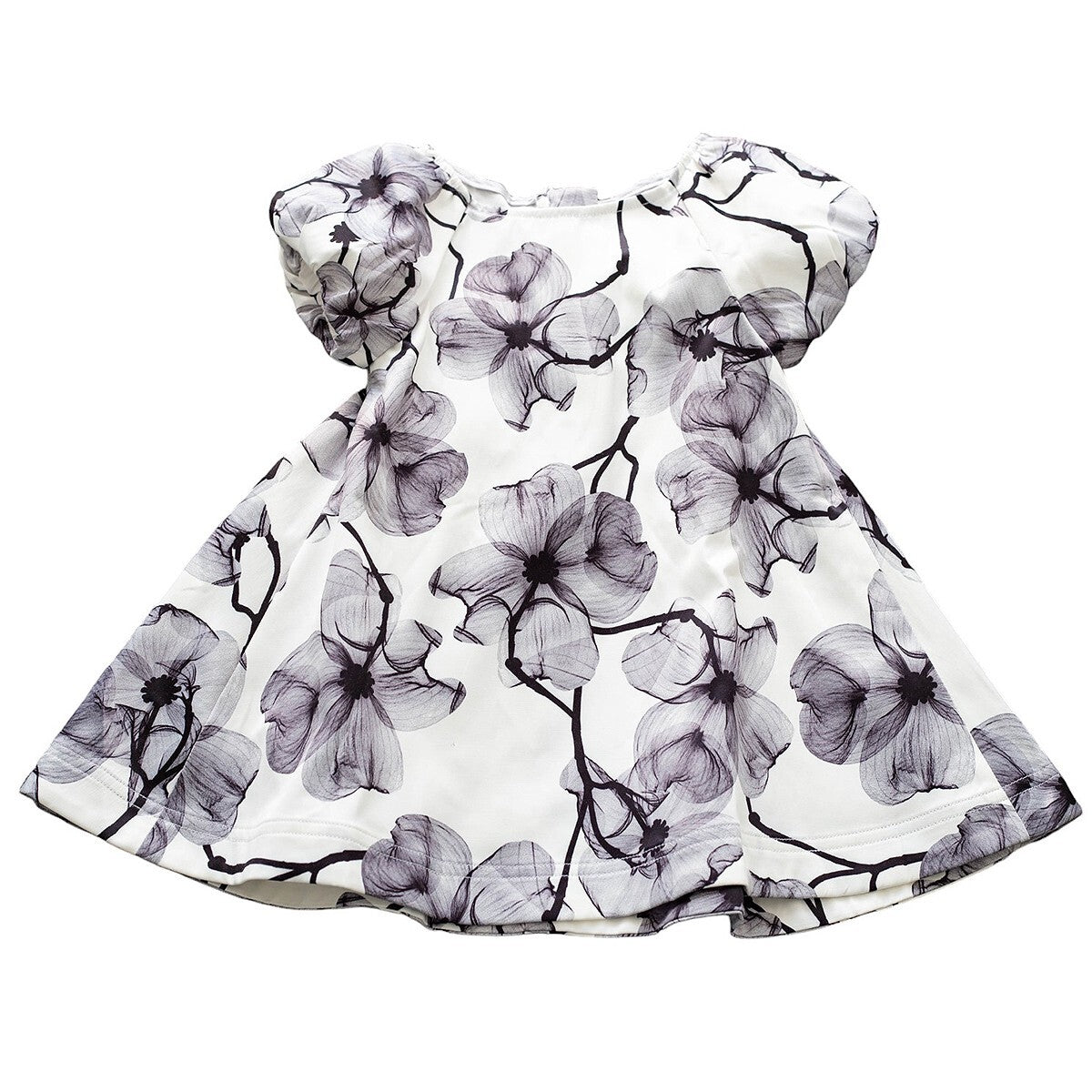 toddler girls floral smock dress with puff sleeves and A-line silhouette, featuring a delicate floral print.