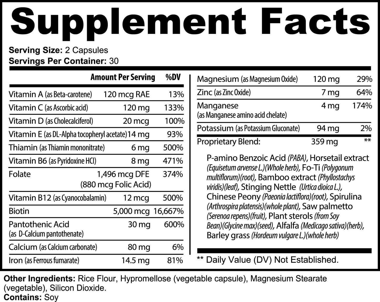 Supplement facts for hair skin nails supplements highlighting essential vitamins and minerals.