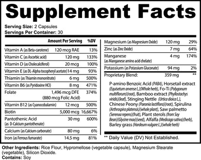 Supplement facts for hair skin nails supplements highlighting essential vitamins and minerals.