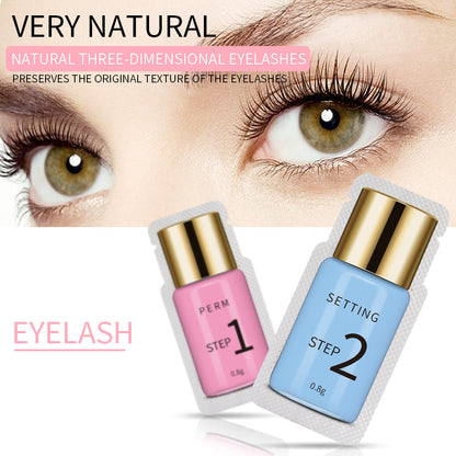 Natural eyelashes enhanced with lashes lift perm set featuring perm and setting lotion steps.
