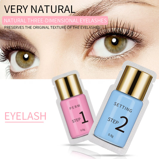Natural eyelashes enhanced with lashes lift perm set featuring perm and setting lotion steps.
