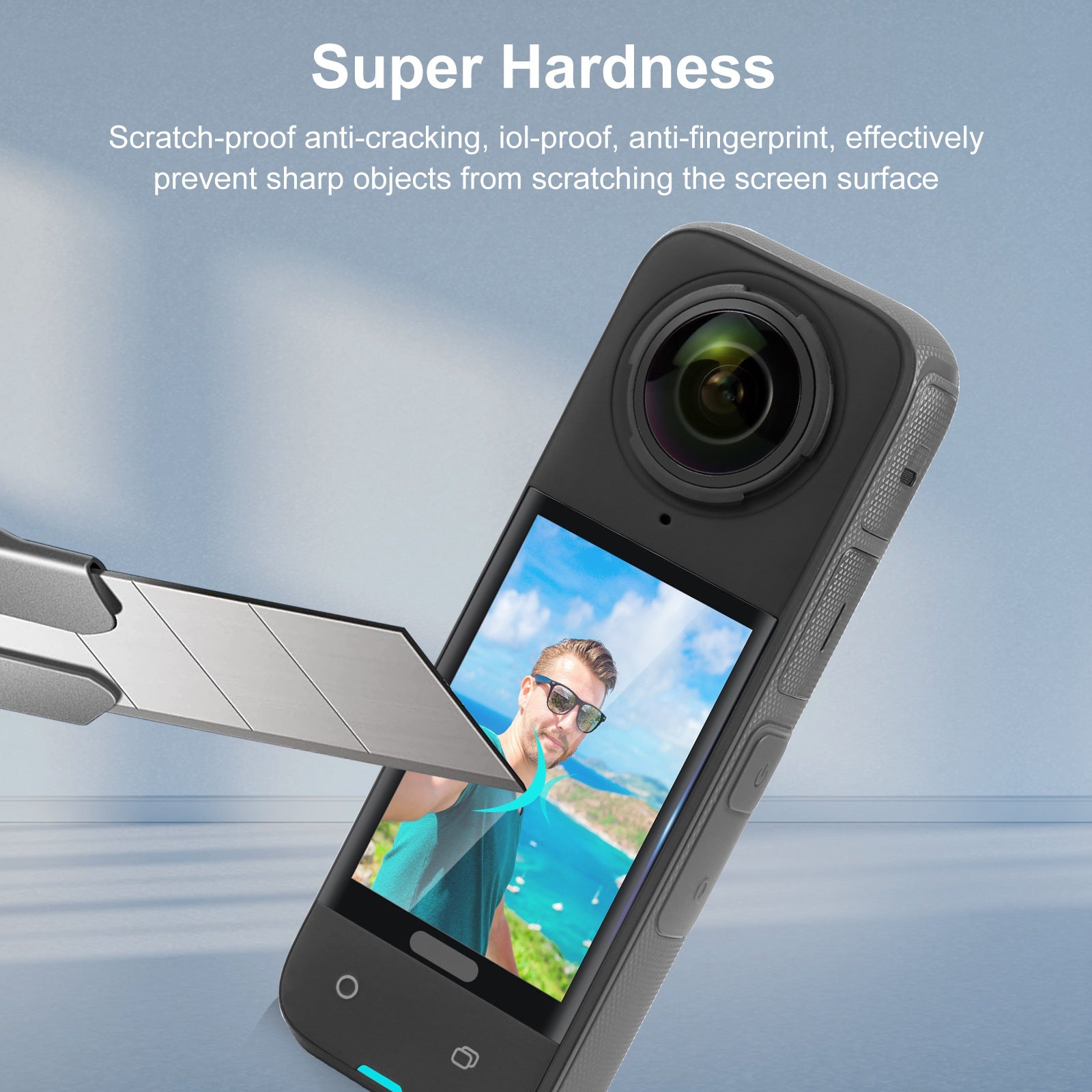 Insta360 X4 HD panoramic camera accessories with scratch-proof film, showcasing super hardness and durability.