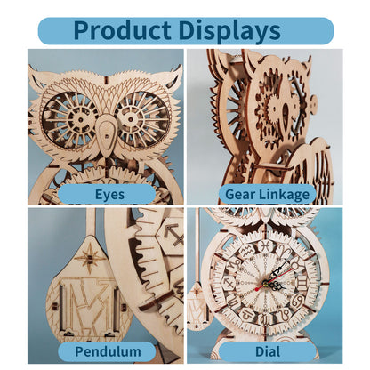 Product display of wooden owl clock puzzle kit showcasing eyes, gear linkage, pendulum, and dial.