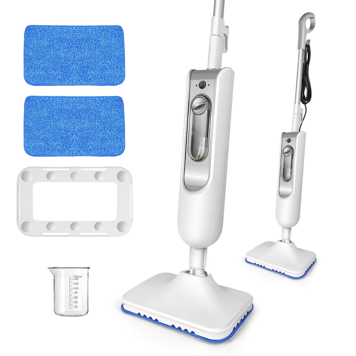 12 in 1 steam mop cleaner with accessories including pads and measuring cup for efficient cleaning.