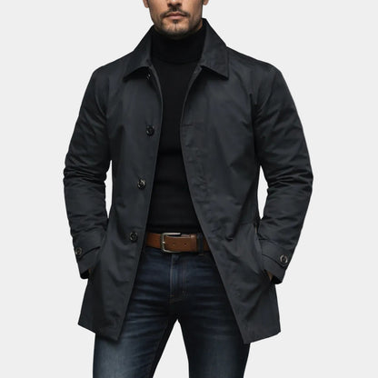 Men's retro waterproof cardigan coat in casual style, featuring a black trench coat with buttons.