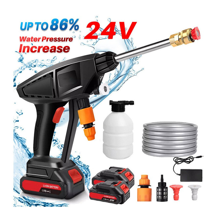 Cordless high pressure washer kit featuring 24V motor, hose, battery, and foam cannon for powerful cleaning.