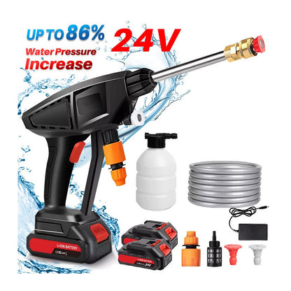 Cordless high pressure washer kit featuring 24V motor, hose, battery, and foam cannon for powerful cleaning.