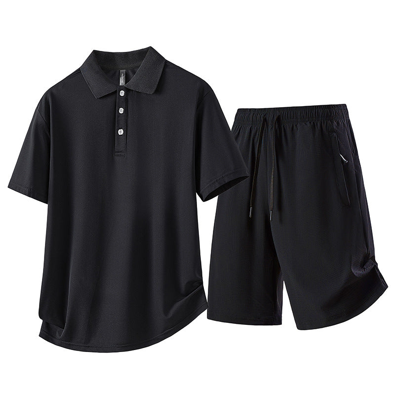 casual polo shirt set for men in black color with short sleeves and shorts.