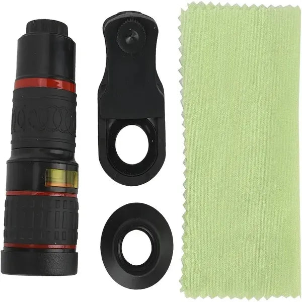 Mobile zoom lens for smartphones set, including lens attachment, clip, and cleaning cloth for enhanced photography.