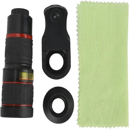 Mobile zoom lens for smartphones set, including lens attachment, clip, and cleaning cloth for enhanced photography.
