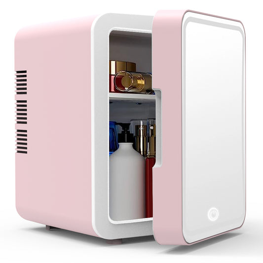 Mini refrigerator mirror skincare products with built-in LED lights, showcasing beauty and skincare items.