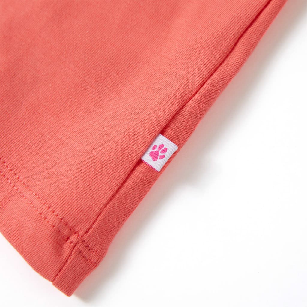 coral pink children's T-shirt showcasing sleeve detail and brand tag