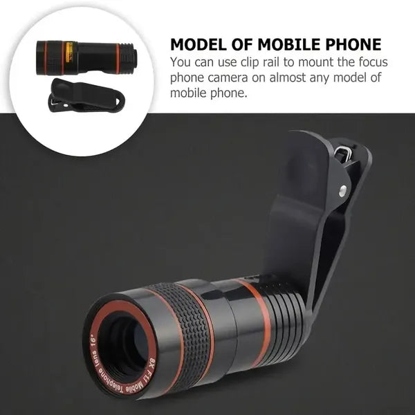Mobile zoom lens for smartphones attached to a phone with clip, showcasing long focus telephoto capabilities.
