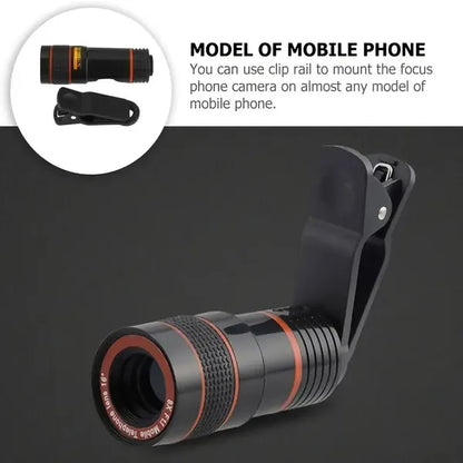 Mobile zoom lens for smartphones attached to a phone with clip, showcasing long focus telephoto capabilities.