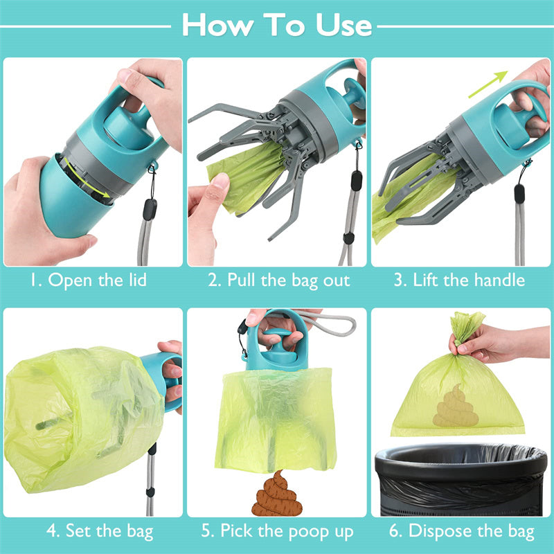 How to use portable dog pooper scooper with bag dispenser for easy waste pickup and disposal.
