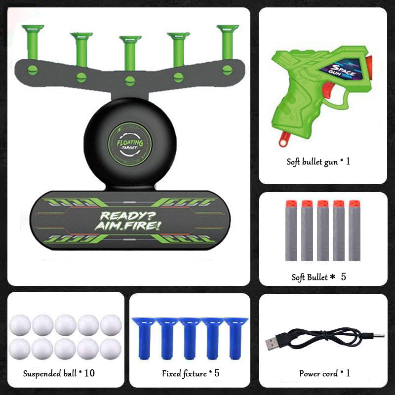 Green floating flyball targets game set with levitating flyball target toy, soft bullet gun, and accessories.