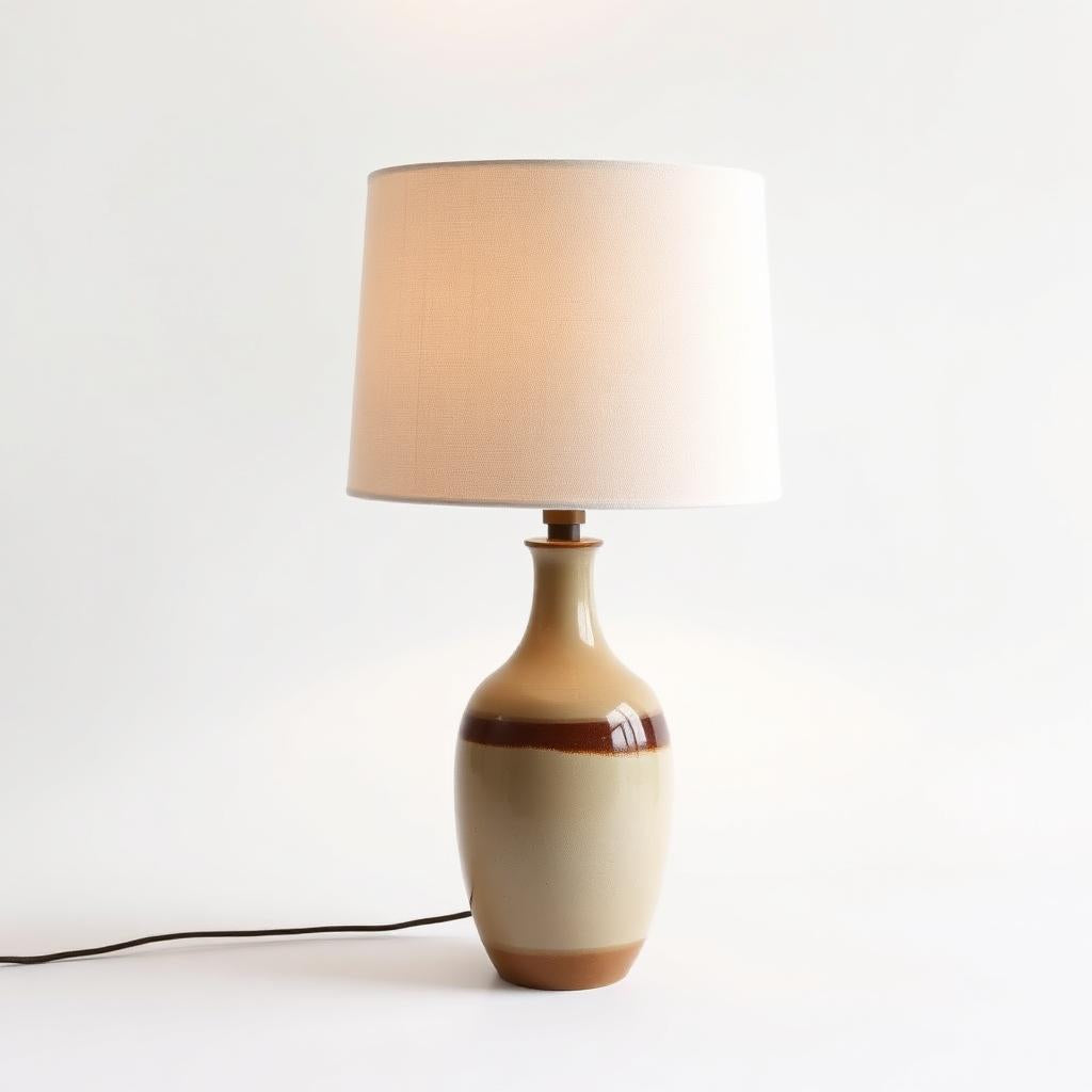 Linen Glow Table Lamp with handcrafted ceramic base and warm linen shade, providing a soft golden ambience.