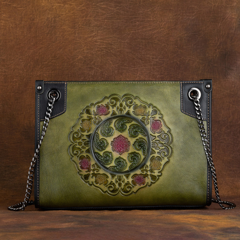 Large capacity leather tote bag in green with intricate embossed floral pattern and chain straps.