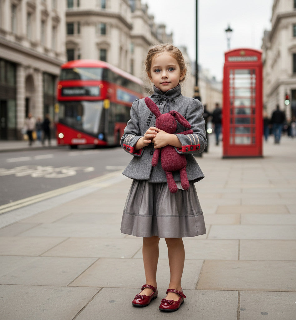 Girls vintage military peplum jacket worn by a child holding a plush toy in a city street scene.