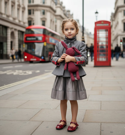Girls vintage military peplum jacket worn by a child holding a plush toy in a city street scene.
