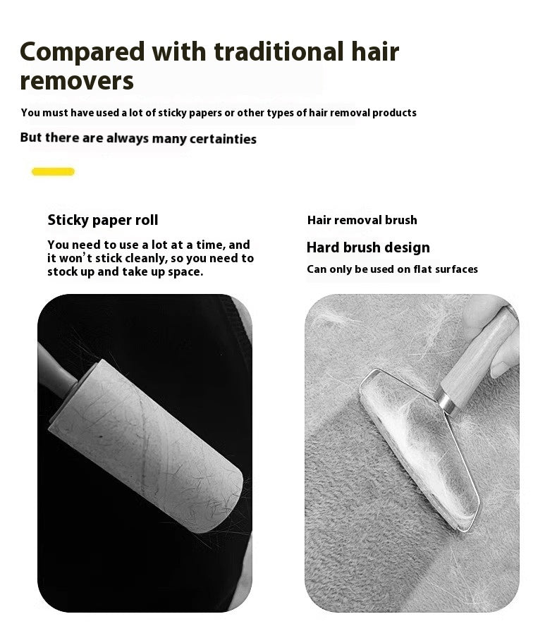 Comparison of traditional hair removers with sticky paper roll and hair removal brush on pet fur.