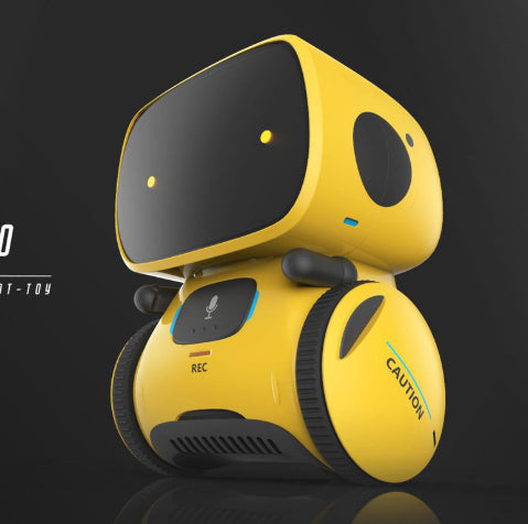 Interactive educational robot for children in bright yellow color with voice control features.