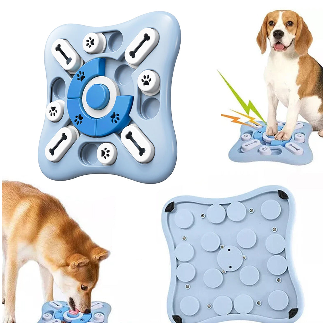 Dog interactive puzzle toys for mental stimulation, featuring sliding and rotating elements for treat rewards.