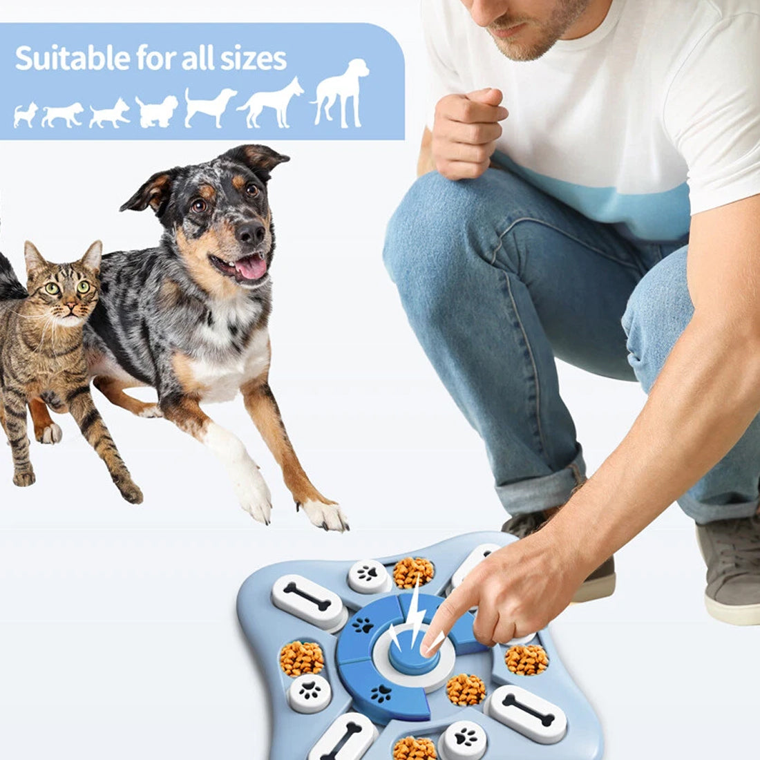 Dog interactive puzzle toys suitable for all sizes, featuring a man playing with a dog and cat.