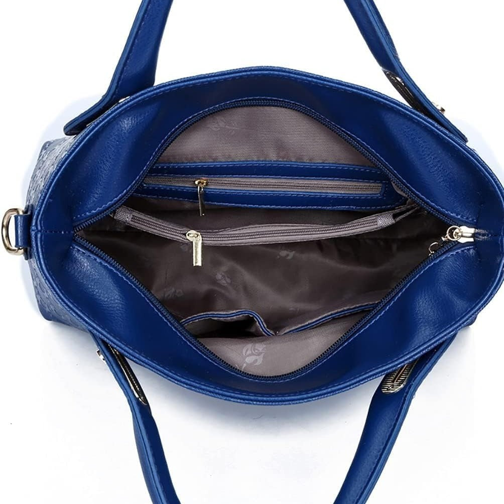Inside view of women's PU leather handbag set showing spacious compartments and zip pockets.