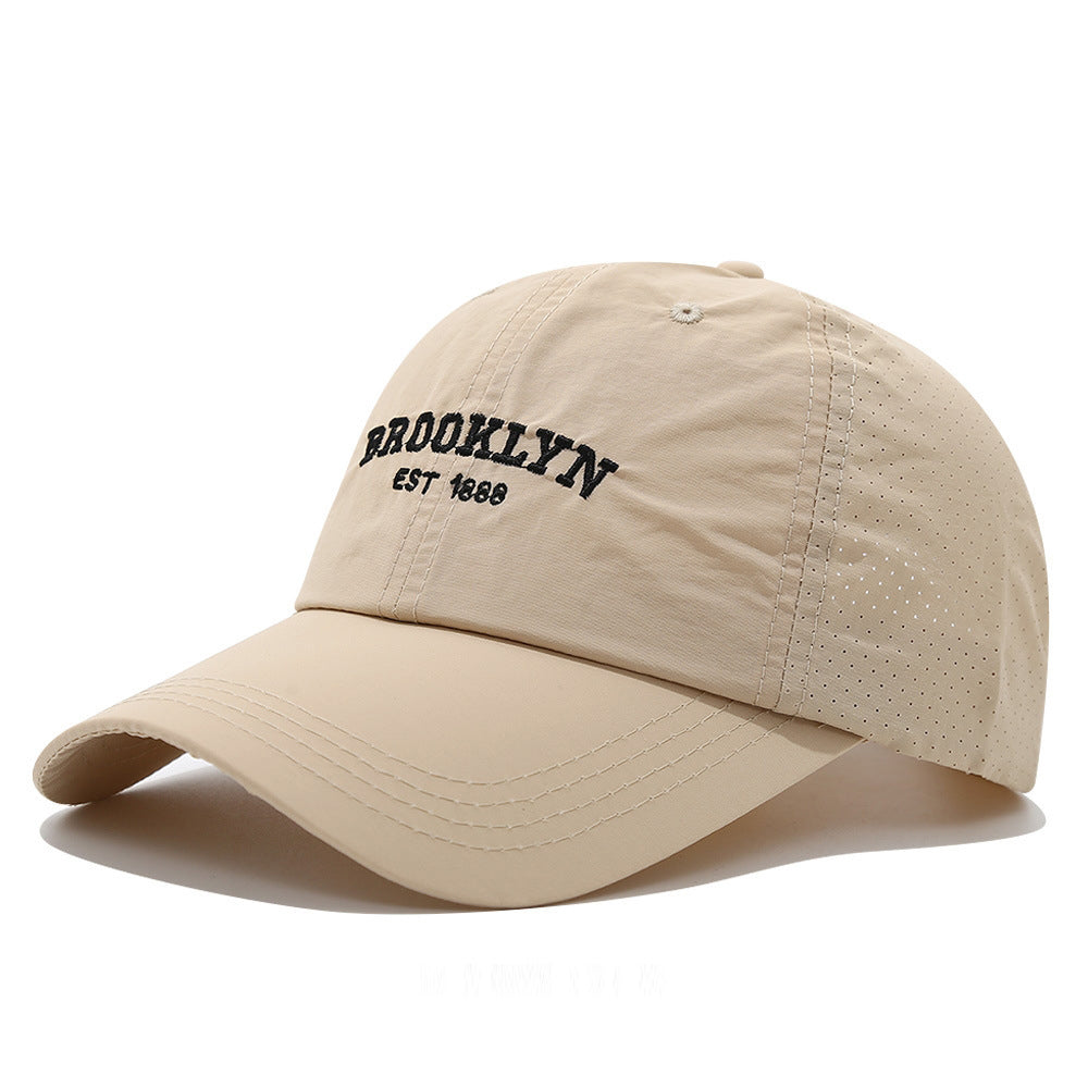 Men's and Women's slim-fit embroidered baseball cap in beige, featuring Brooklyn lettering for stylish streetwear.