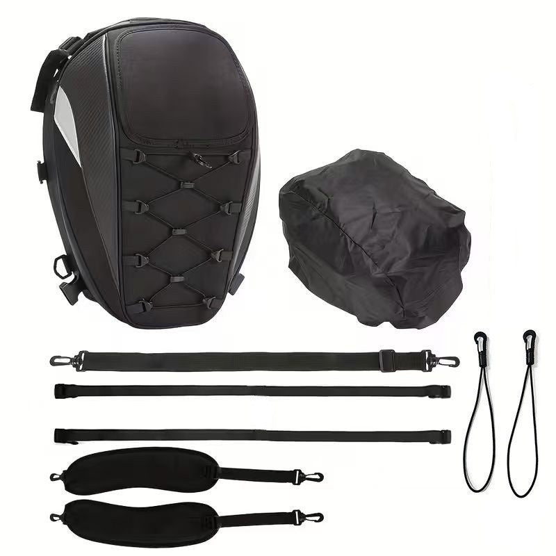 Motorcycle rear seat tail bag with accessories including straps, cover, and reflective features for safety.