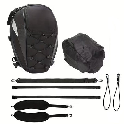 Motorcycle rear seat tail bag with accessories including straps, cover, and reflective features for safety.