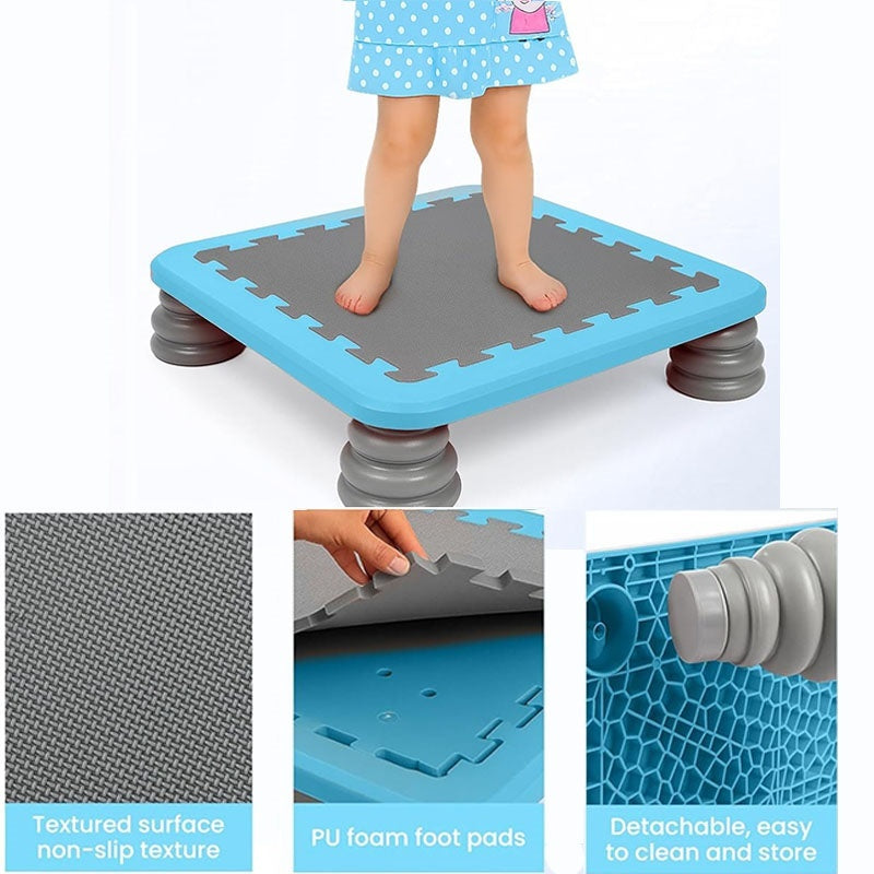 Child standing on MagicMeadow sensory trampoline board for kids with non-slip textured surface and foam foot pads.