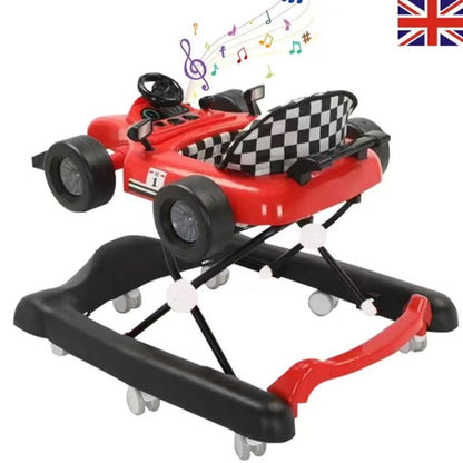 Race Car Style Baby Walker with musical effects and racing design for babies learning to walk.