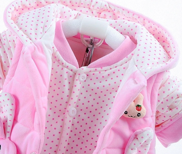 girls autumn winter clothing suits in pink with polka dots, featuring a hood and cute character detail.