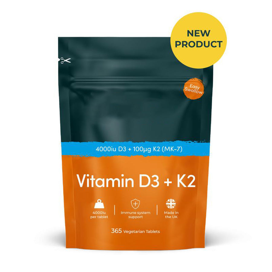 Vitamin D3 K2 tablets 365 pieces packaging featuring 4000iu D3 and 100µg K2, vegetarian tablets from the UK.
